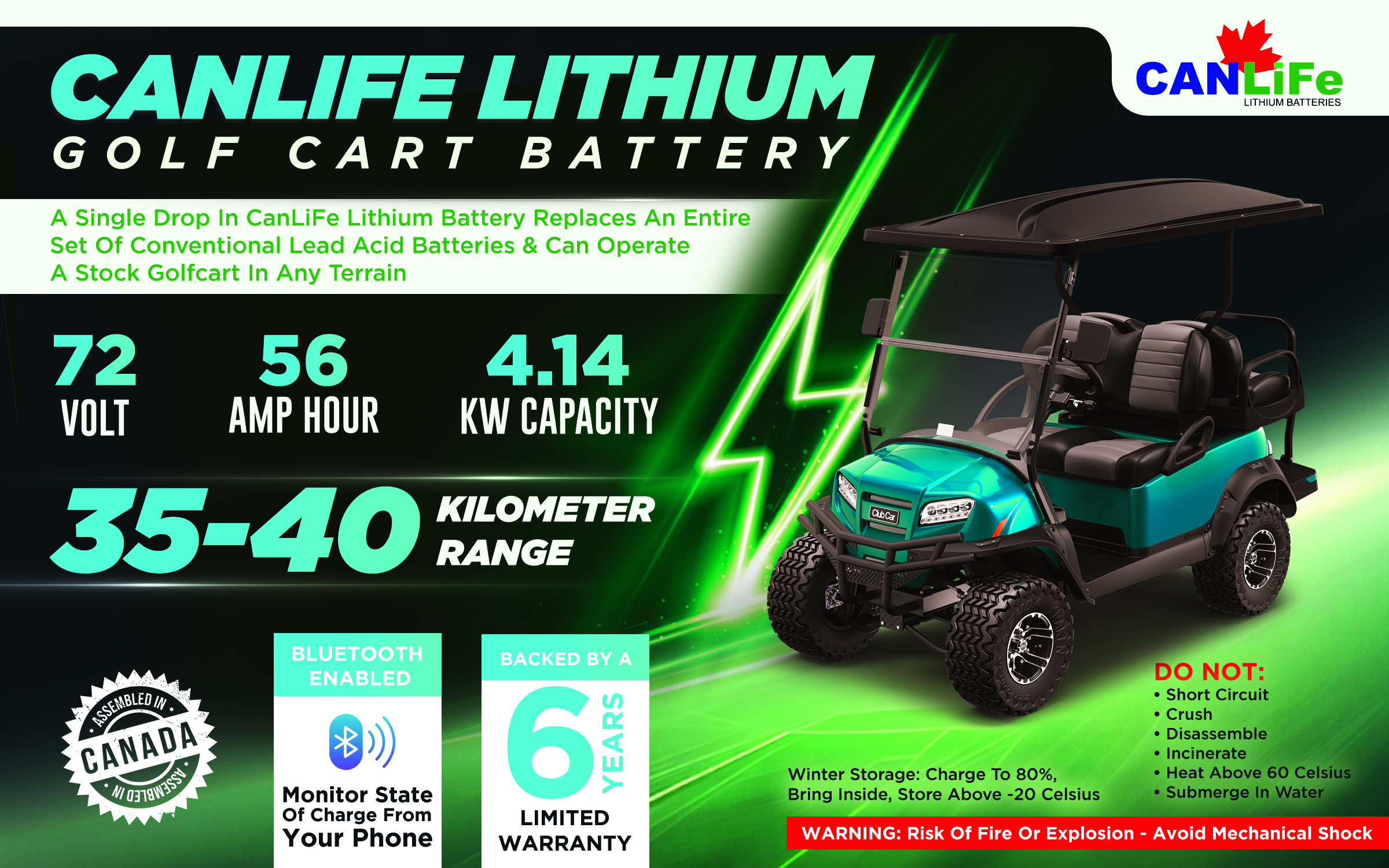 CanLiFe 72V 60Ah lithium golf cart battery kit