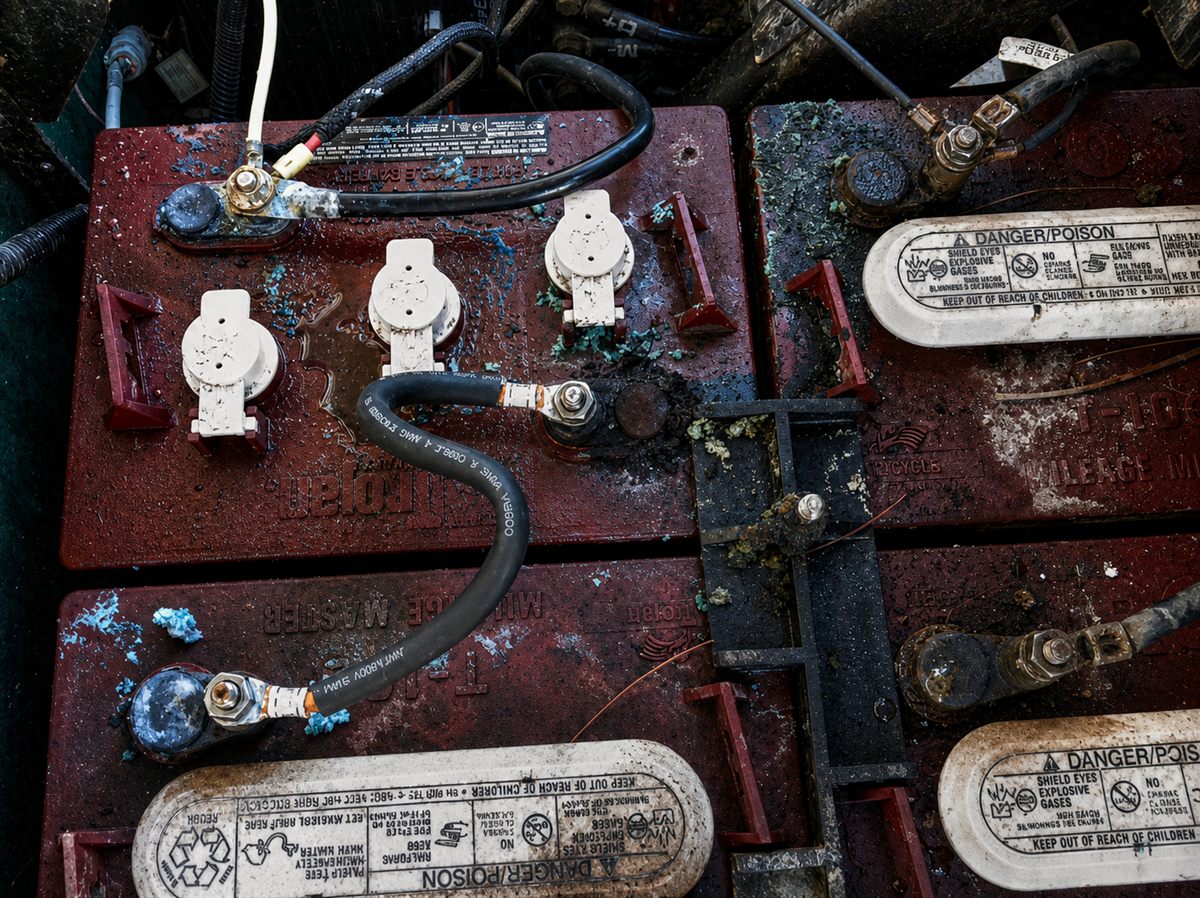 Old corroded lead-acid golf cart battery compartment