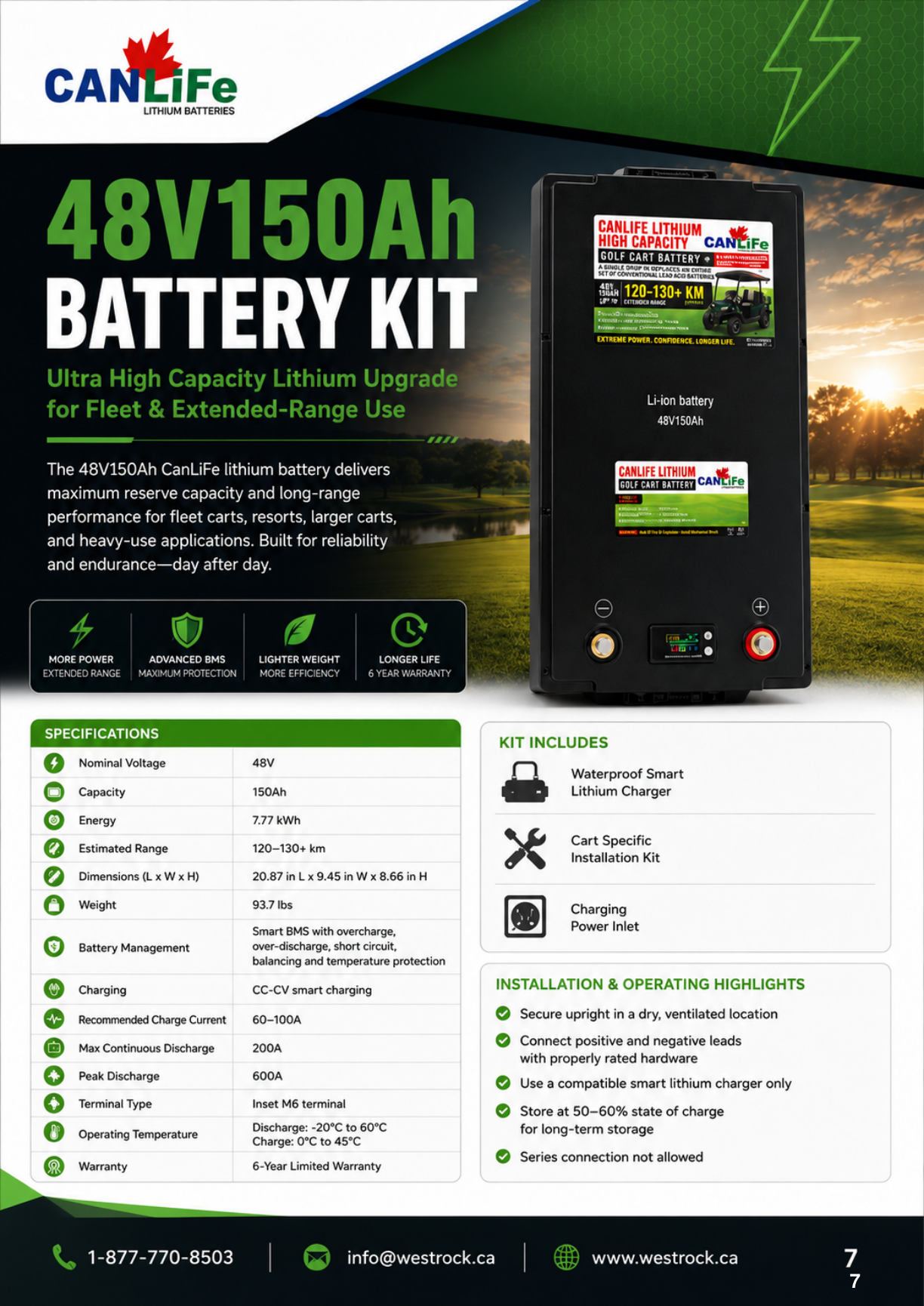 CanLiFe 48V 150Ah golf cart battery spec sheet graphic